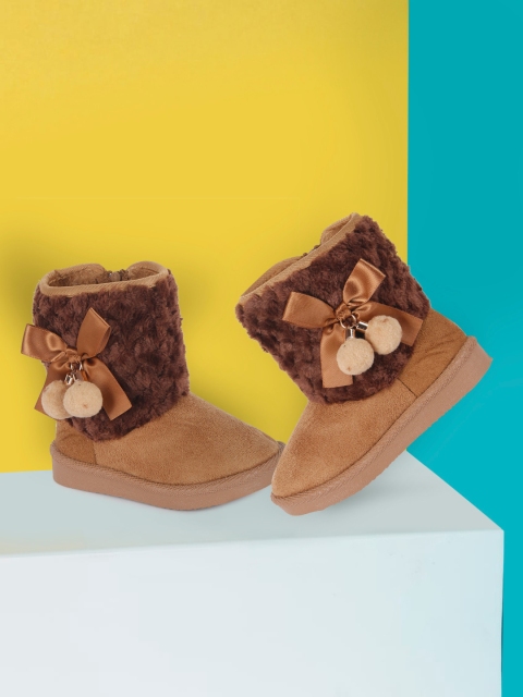 

PASSION PETALS Girls Brown Solid Suede Faux Fur High-Top Flat Boots