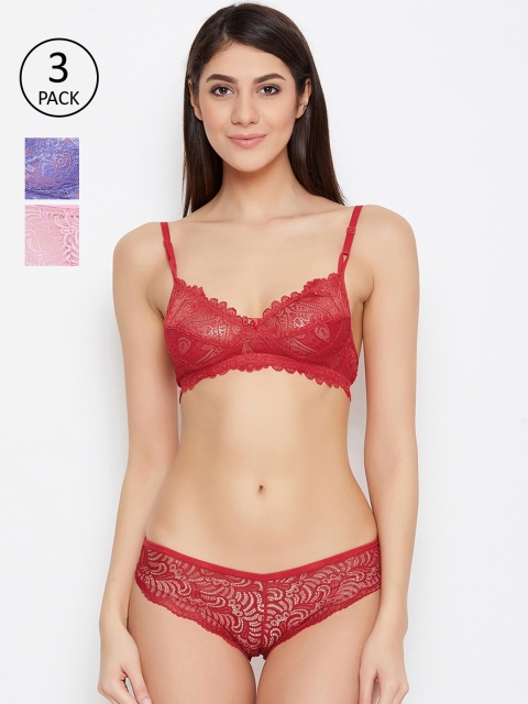 ALIZA Women Pack of 3 Lace Bridal Bikini Lingerie Set 30.PINK.PUR.RED_331547
