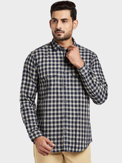 

ColorPlus Men Beige & Navy Blue Tailored Fit Checked Casual Shirt