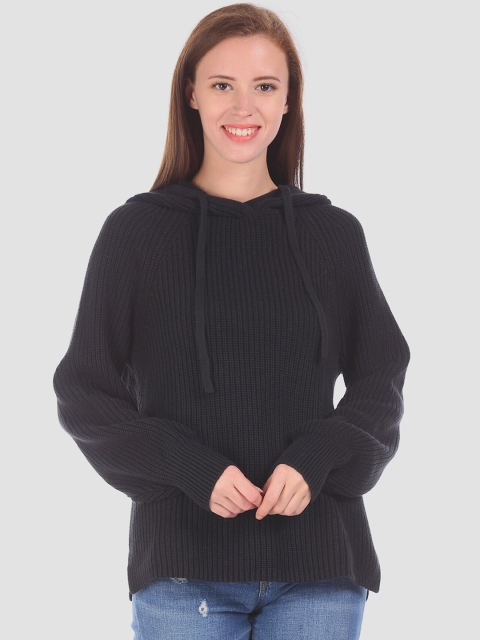 

GAP Women Black Patterned Knit Hooded Sweater