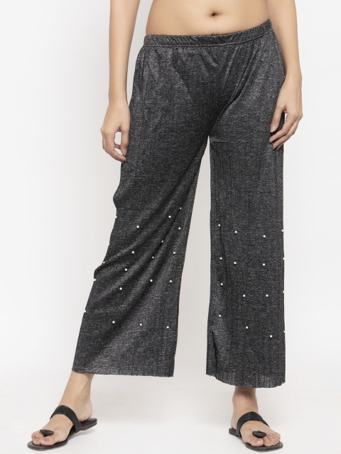 

NEUDIS Women Black Solid Pearl Embellished Flared Wide Leg Palazzos