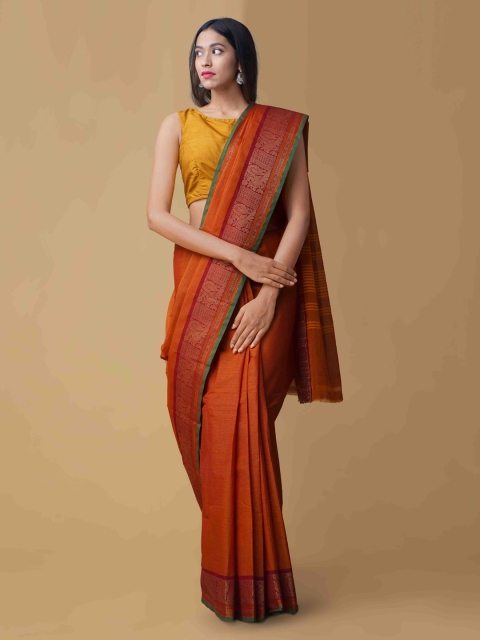 

Unnati Silks Orange Solid Pure Cotton Handloom Saree