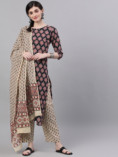

AASI - HOUSE OF NAYO Women Black & Beige Printed Kurta with Trousers & Dupatta