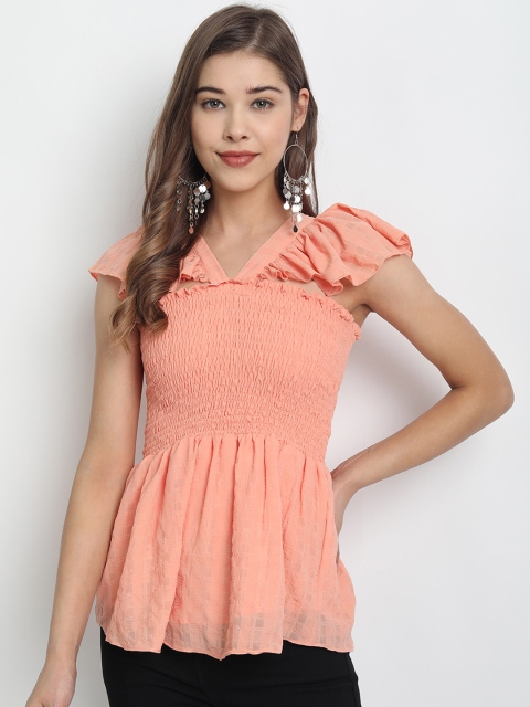 

Clothzy Women Peach-Coloured Solid Peplum Top