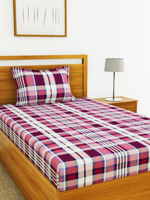 BIANCA Burgundy & White Geometric 110 TC Cotton 1 Single Bedsheet with 1 Pillow Covers