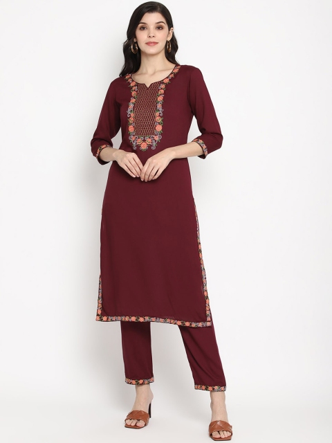 

Prakhya Women Burgundy Embroidered Kurta with Trousers