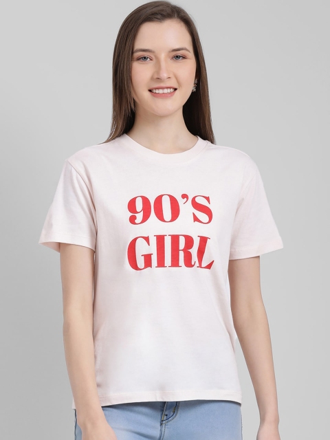 

Zink London Women Pink Red Printed Round Neck Pure Cotton T-shirt