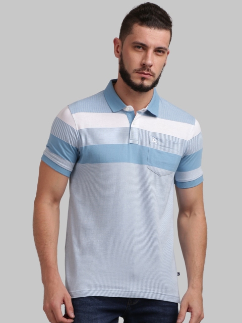 Parx Men Blue & White Striped Polo Collar T-shirt