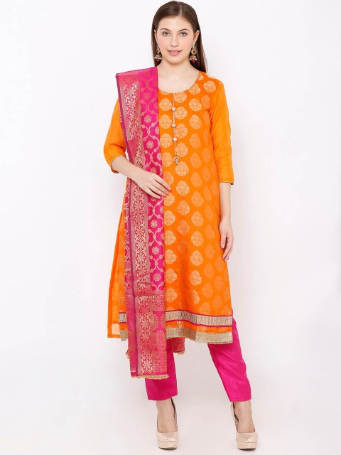 

SALWAR STUDIO Orange & Pink Silk Blend Unstitched Dress Material