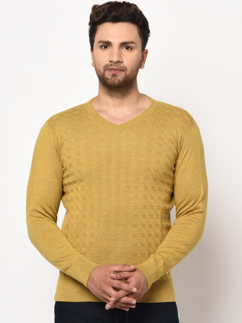 

98 Degree North Men Mustard Yellow Self Design Pullover Sweater