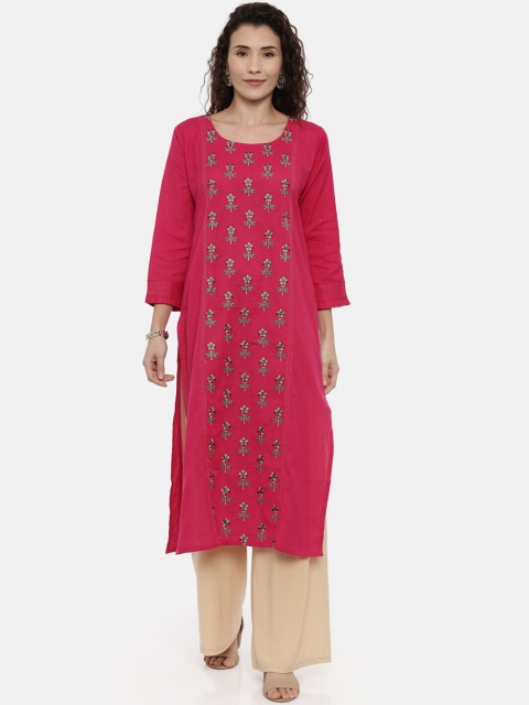 

GOLDSTROMS Women Fuchsia Pink Floral Printed Pure Cotton Straight Kurta