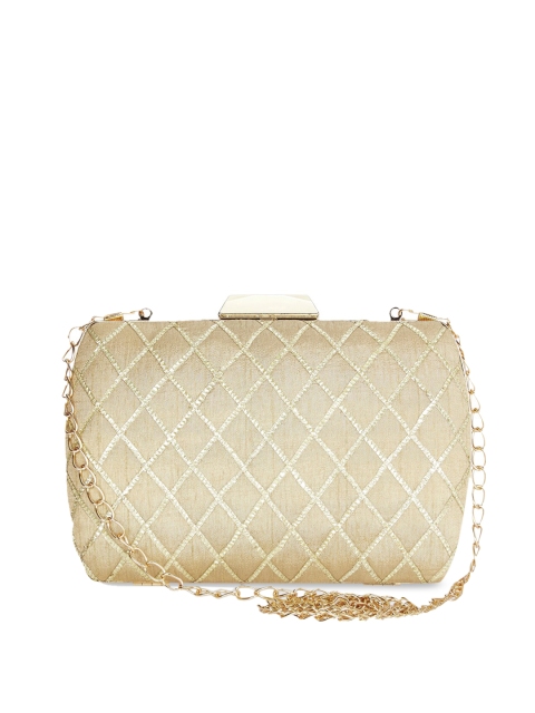 

Global Desi Beige & Gold-Toned Embellished Box Clutch