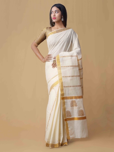 

Unnati Silks Cream-Coloured Pure Cotton Solid Kasavu Saree