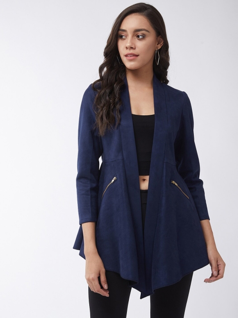 

Pannkh Women Navy Blue Solid Open-Front Suede Blazer
