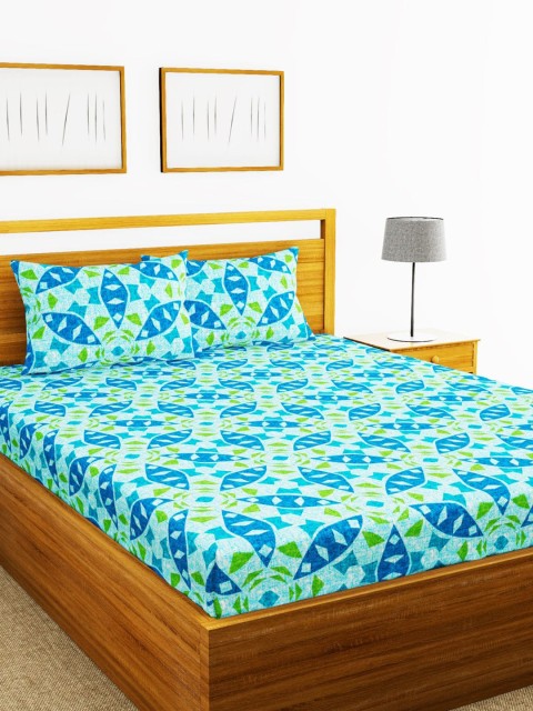 

BIANCA Blue & Green Abstract 110 TC Cotton 1 Queen Bedsheet with 2 Pillow Covers