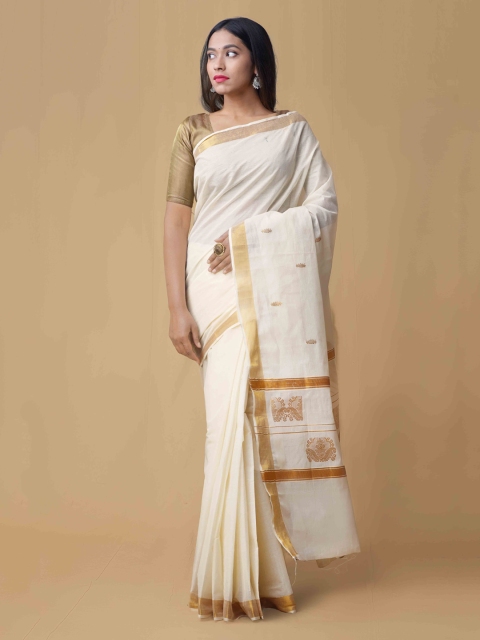 

Unnati Silks Cream-Coloured Pure Cotton Woven Design Kasavu Saree