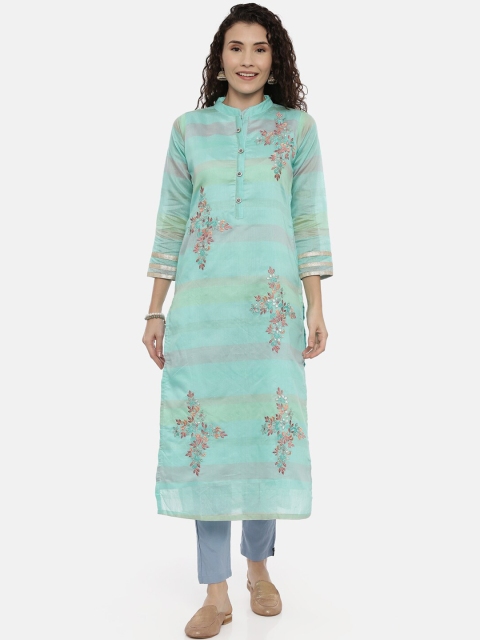 

GOLDSTROMS Women Blue & Pink Floral Embroidered Straight Kurta