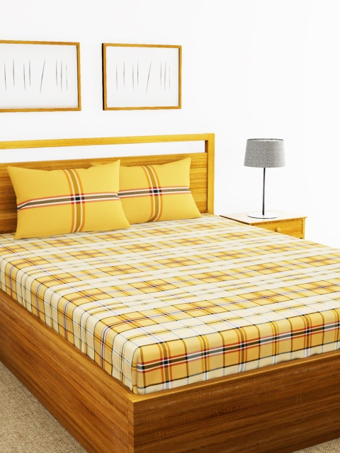 

BIANCA Yellow Checked 144 TC Cotton 1 King Bedsheet with 2 Pillow Covers