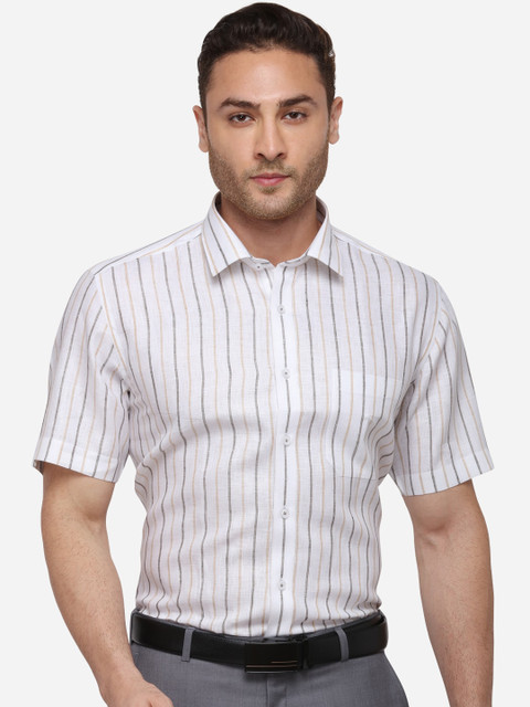 

JADE BLUE Men White & Grey Regular Fit Striped Linen Formal Shirt