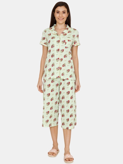 

Zivame Women Green & Red Printed Night Suit
