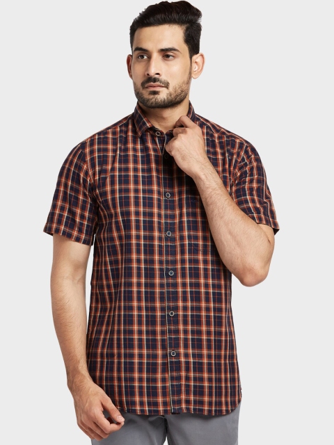 

ColorPlus Men Navy Blue & Orange Tailored Fit Checked Casual Shirt
