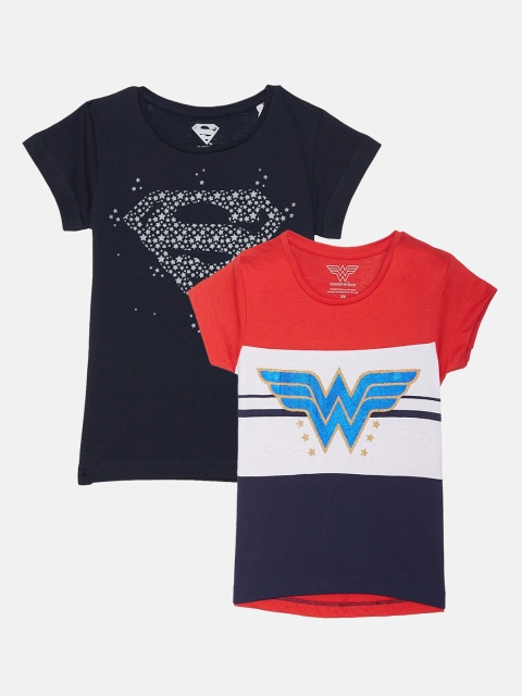 

Kids Ville Girls Navy Blue & Red Pack of 2 DC comics Printed Pockets T-shirt