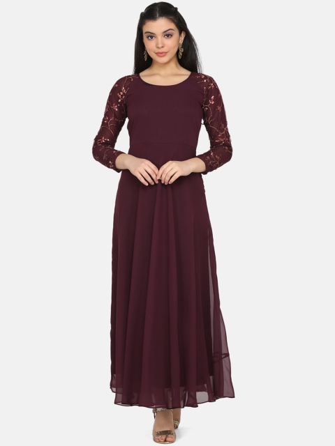 

Ojjasvi Women Burgundy Embroidered Maxi Dress
