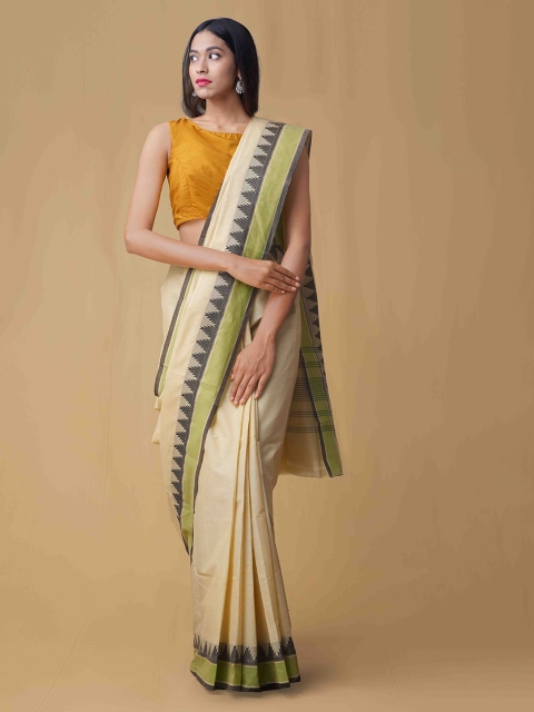 

Unnati Silks Cream-Coloured & Green Pure Uppada Cotton Woven Design Saree