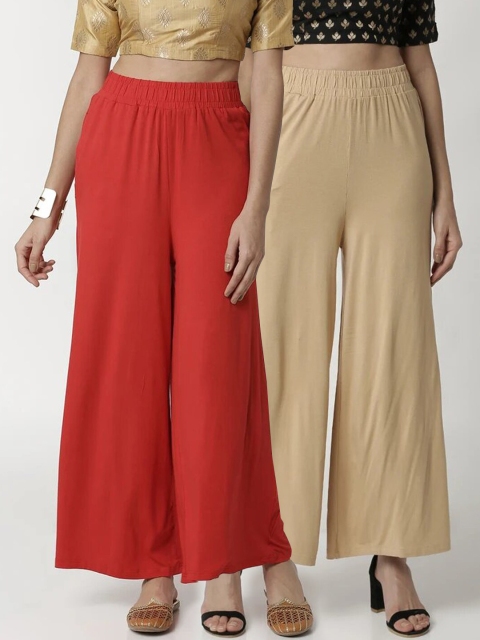 

De Moza Women Pack Of 2 Solid Wide Leg Palazzos, Red