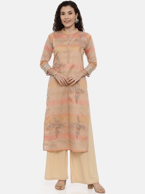 

GOLDSTROMS Women Peach-Coloured Embroidered Straight Kurta