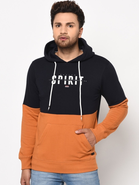 

98 Degree North Men Navy Blue & Brown Colourblocked Hooded Sweatshirt