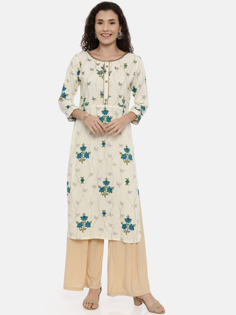 

GOLDSTROMS Women Off White Printed Straight Kurta