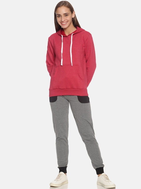 

Campus Sutra Women Maroon & Charcoal Grey Solid Casual Hooded Tracksuit