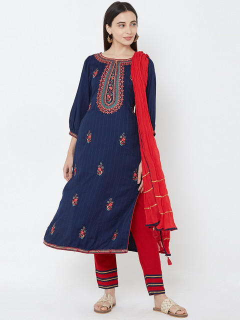 

FASHOR Women Navy Blue & Red Embroidered Kurta with Trousers & Dupatta
