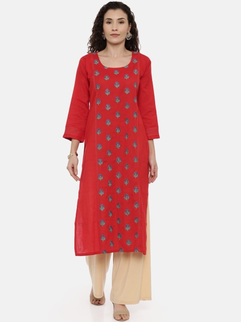 

GOLDSTROMS Women Red & Blue Embroidered A-Line Kurta