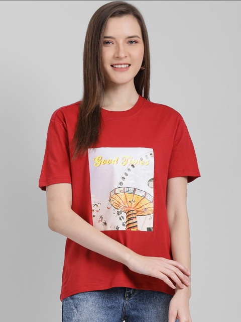 

Zink London Women Red Printed Round Neck T-shirt