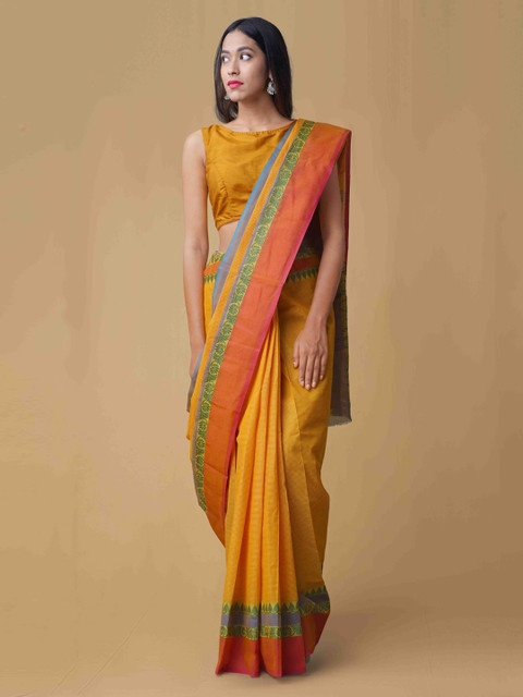 

Unnati Silks Orange & Green Pure Cotton Striped Handloom Saree