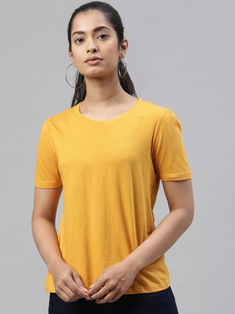 

Kryptic Women Mustard Yellow Solid Round Neck T-shirt
