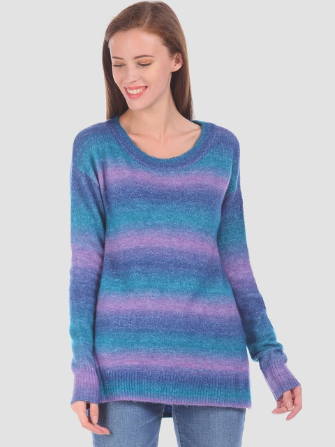 

GAP Women Blue Striped Pullover Sweater