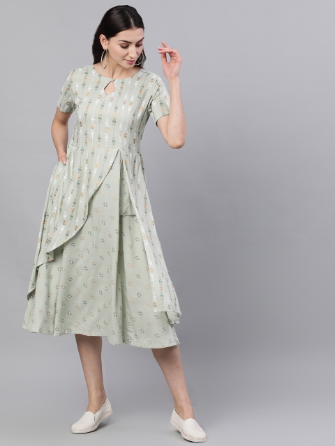 AASI - HOUSE OF NAYO Women Green Printed A-Line Ethnic Dress