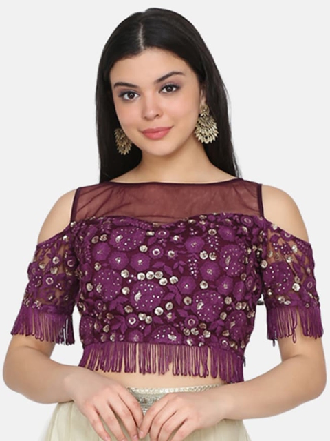 

Ojjasvi Women Purple Embroidered Blouson Top