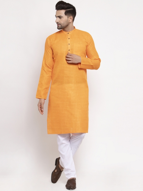 

Jompers Men Yellow & White Woven Design Kurta with Pyjamas