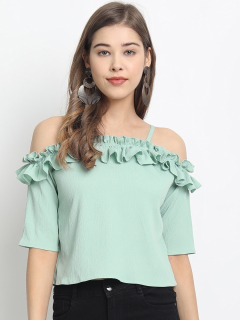 Clothzy Women Turquoise Blue Solid Bardot Top