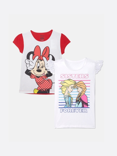 

Kids Ville Girls Pack of 2 Disney Printed Round Neck T-shirts, White