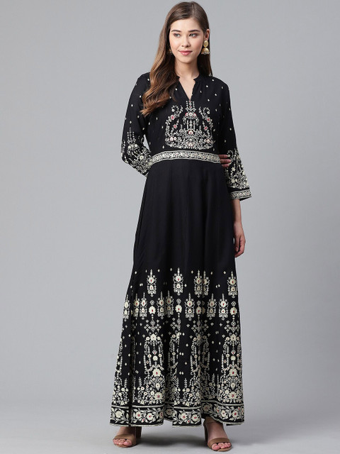 

Ishin Women Black & White Printed Fit and Flare Dress