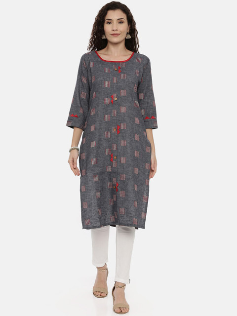 

GOLDSTROMS Women Grey & Red Printed Straight Kurta