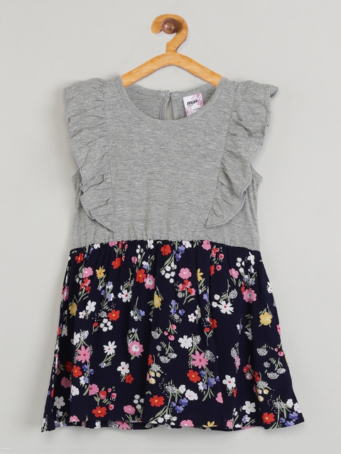 

max Girls Grey & Navy Blue Floral Printed Fit and Flare Dress