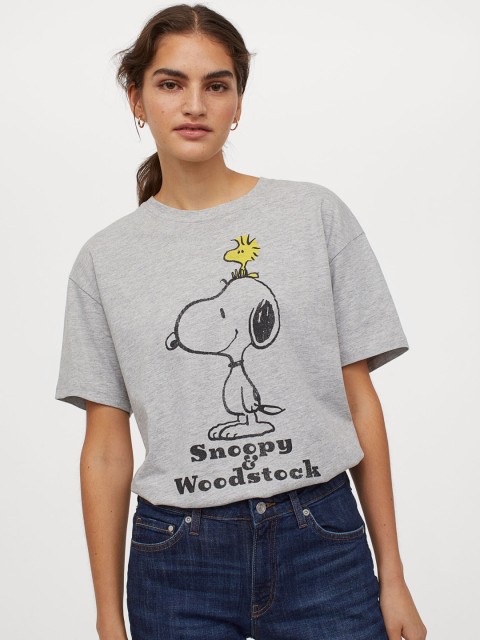 

H&M Women Grey Oversized Printed T-Shirt