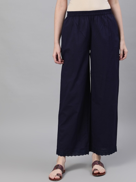 

AASI - HOUSE OF NAYO Women Navy Blue Hem Design Straight Palazzos