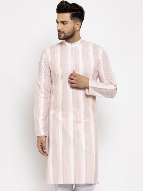 

Jompers Men Peach-Coloured & White Striped Straight Kurta